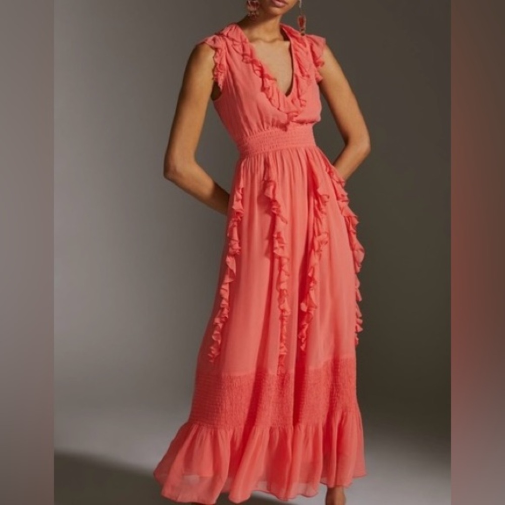 Anthropologie Love The Label Ruffle V-neck Maxi Dress size S
